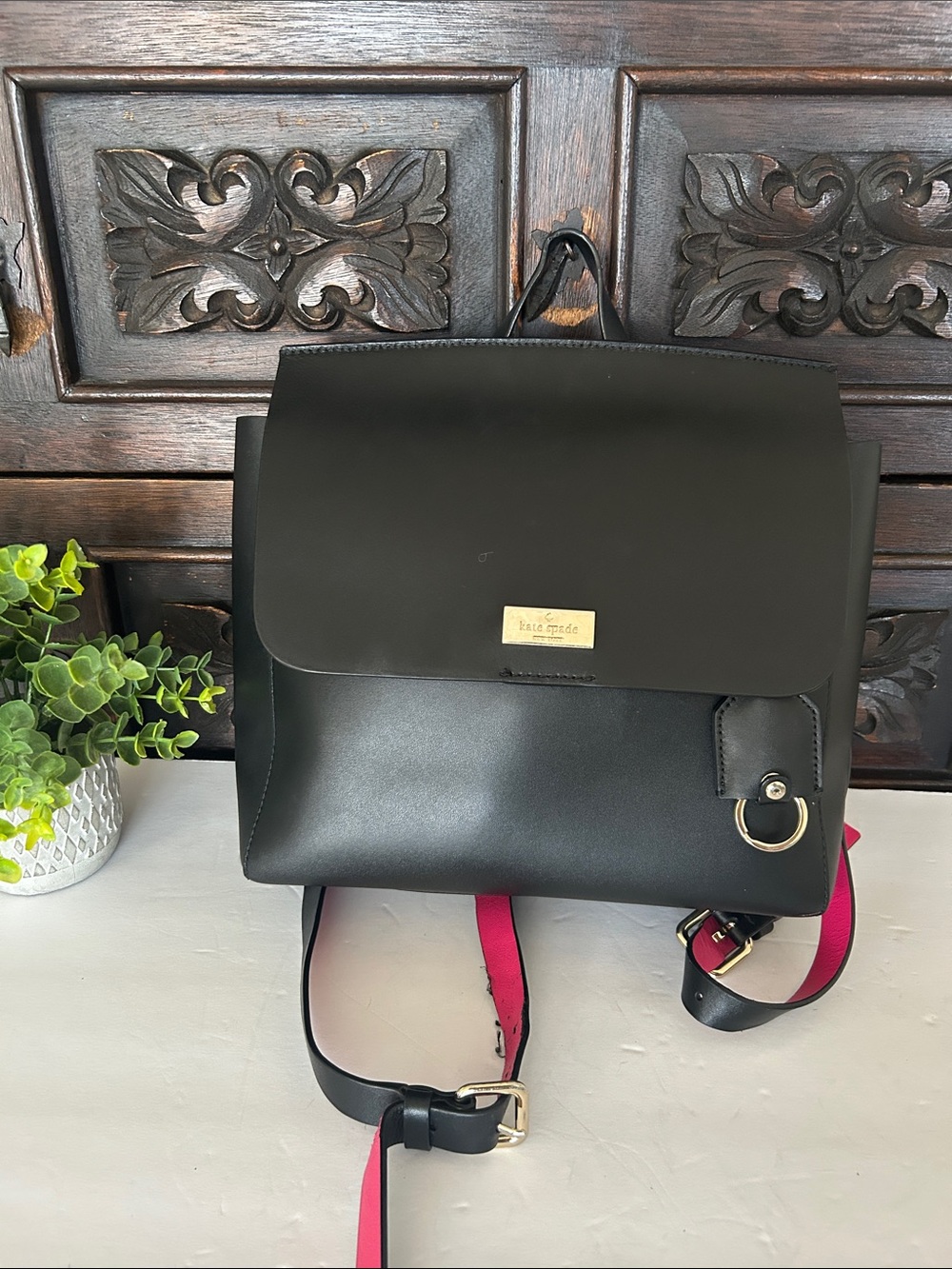 kate spade Black Leather Backpack with Pink Strap Accents